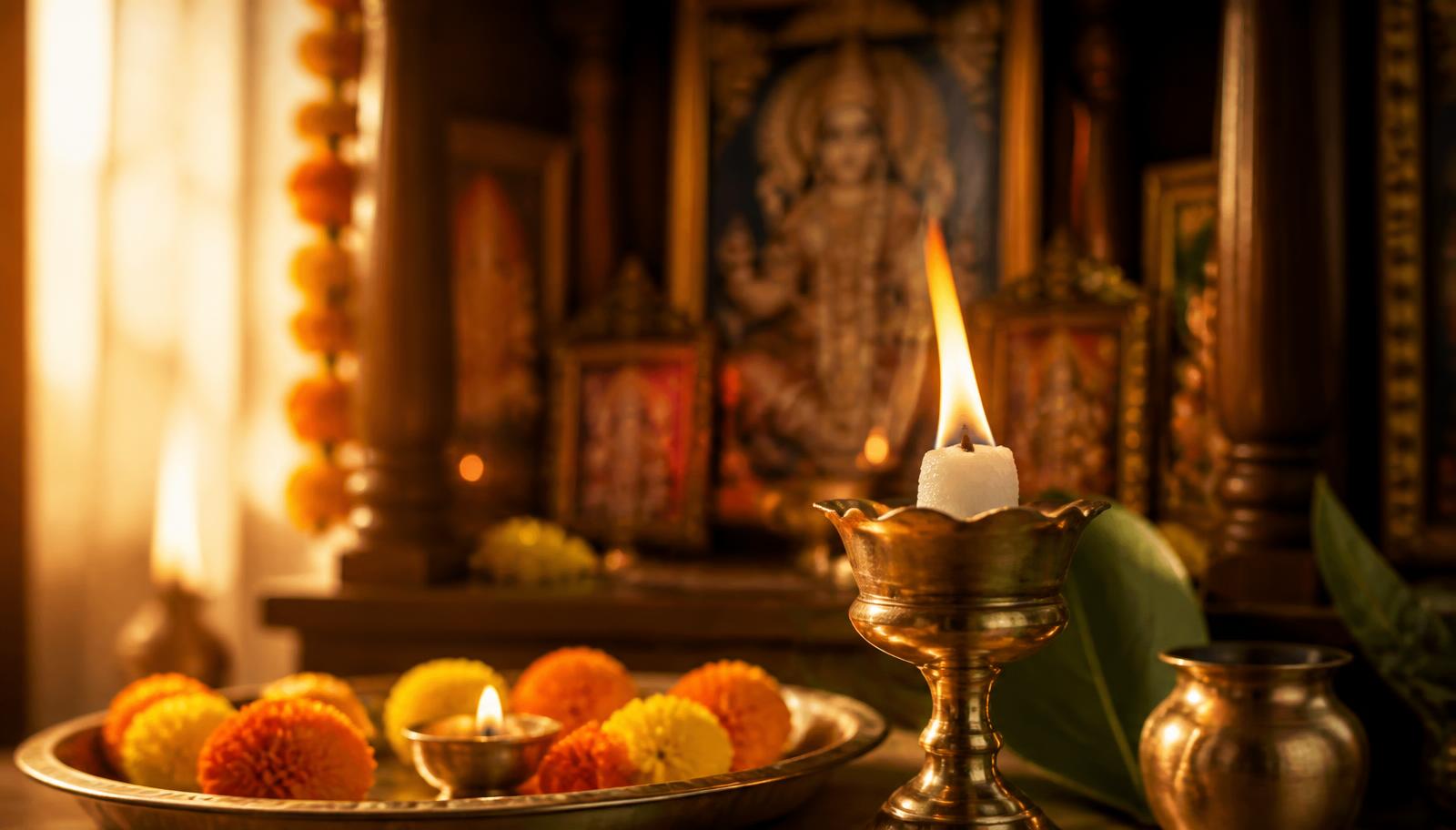 Camphor flame glowing in a brass holder at a traditional Indian home temple
